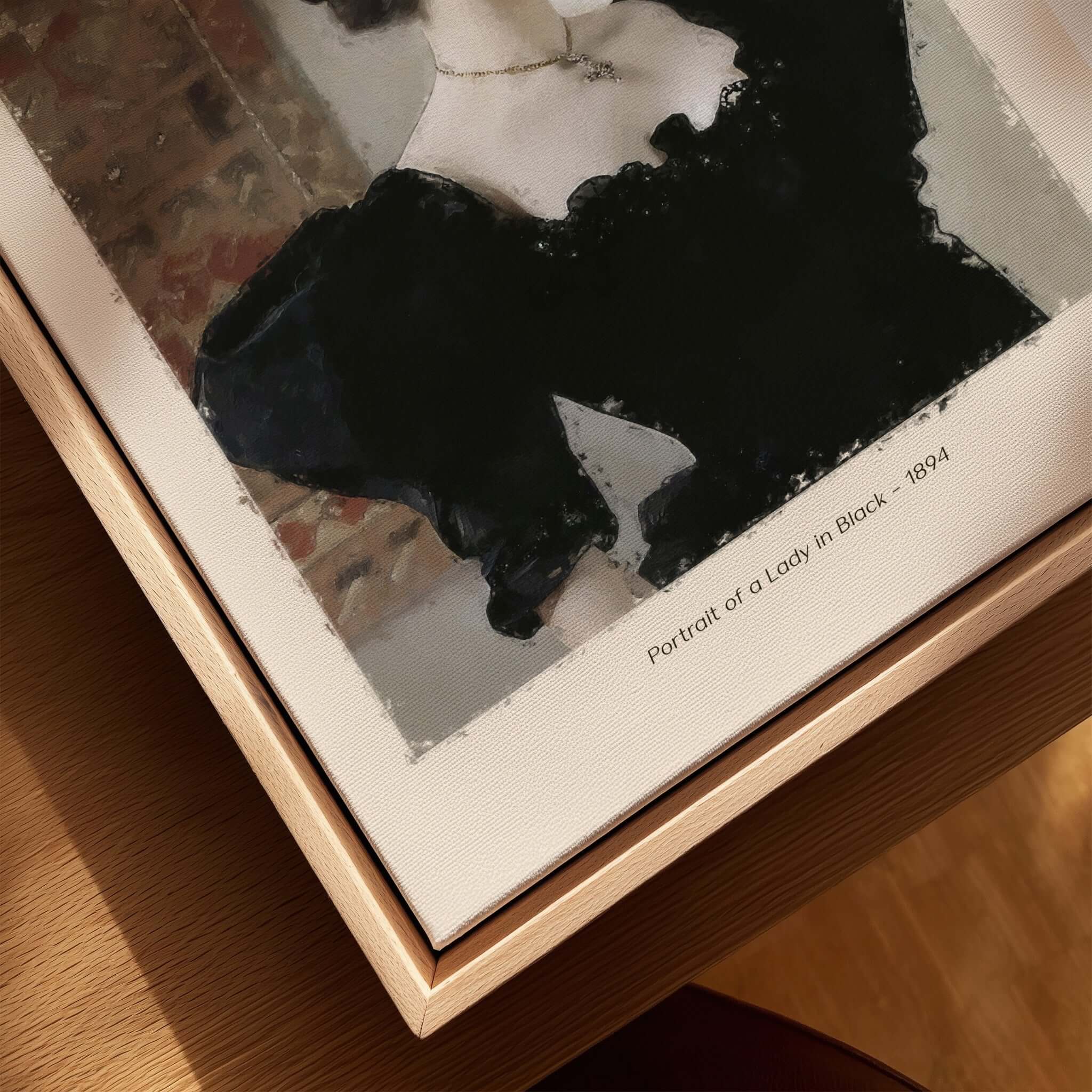 Gustav Klimt Art Print - Portrait of a Lady in Black 1894 displayed on a wooden frame.