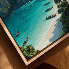 Koh Phi Phi Thailand Travel Poster | Maya Bay Tropical Beach Wall Art Print featuring turquoise waters and traditional boats.