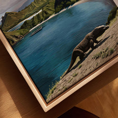 Closeup of framed travel wall art featuring Komodo dragon by blue lake with natural wood frame