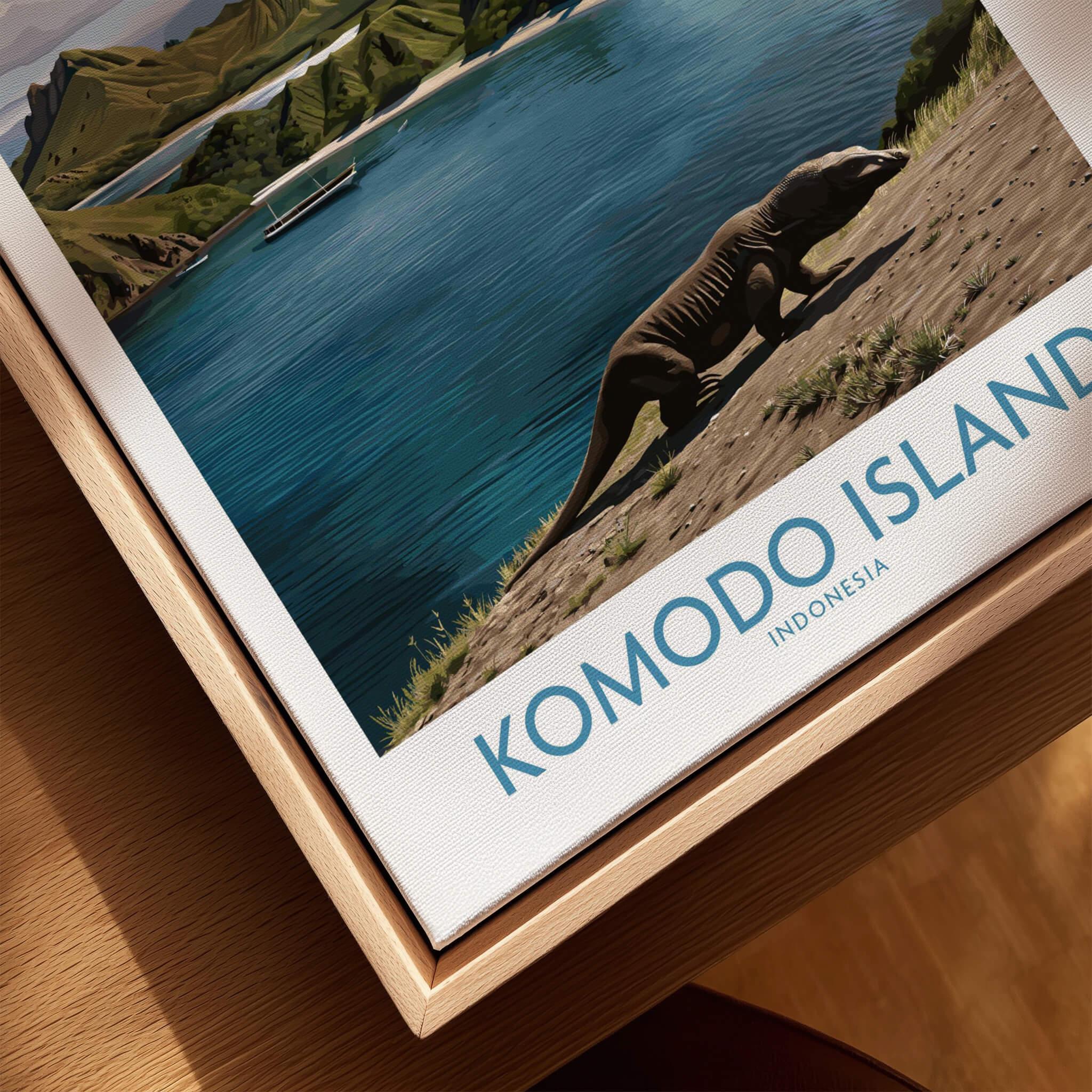 Komodo Island travel poster framed in natural wood, featuring a Komodo dragon by blue water.