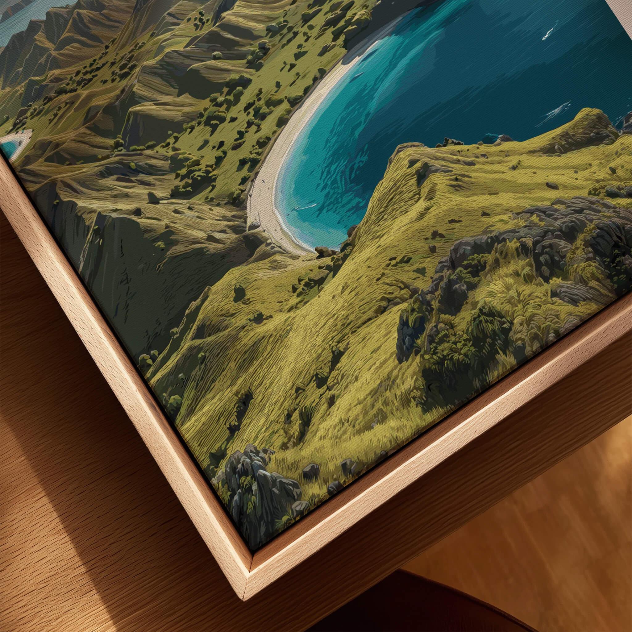 Closeup of landscape travel poster on canvas with natural wood floating frame