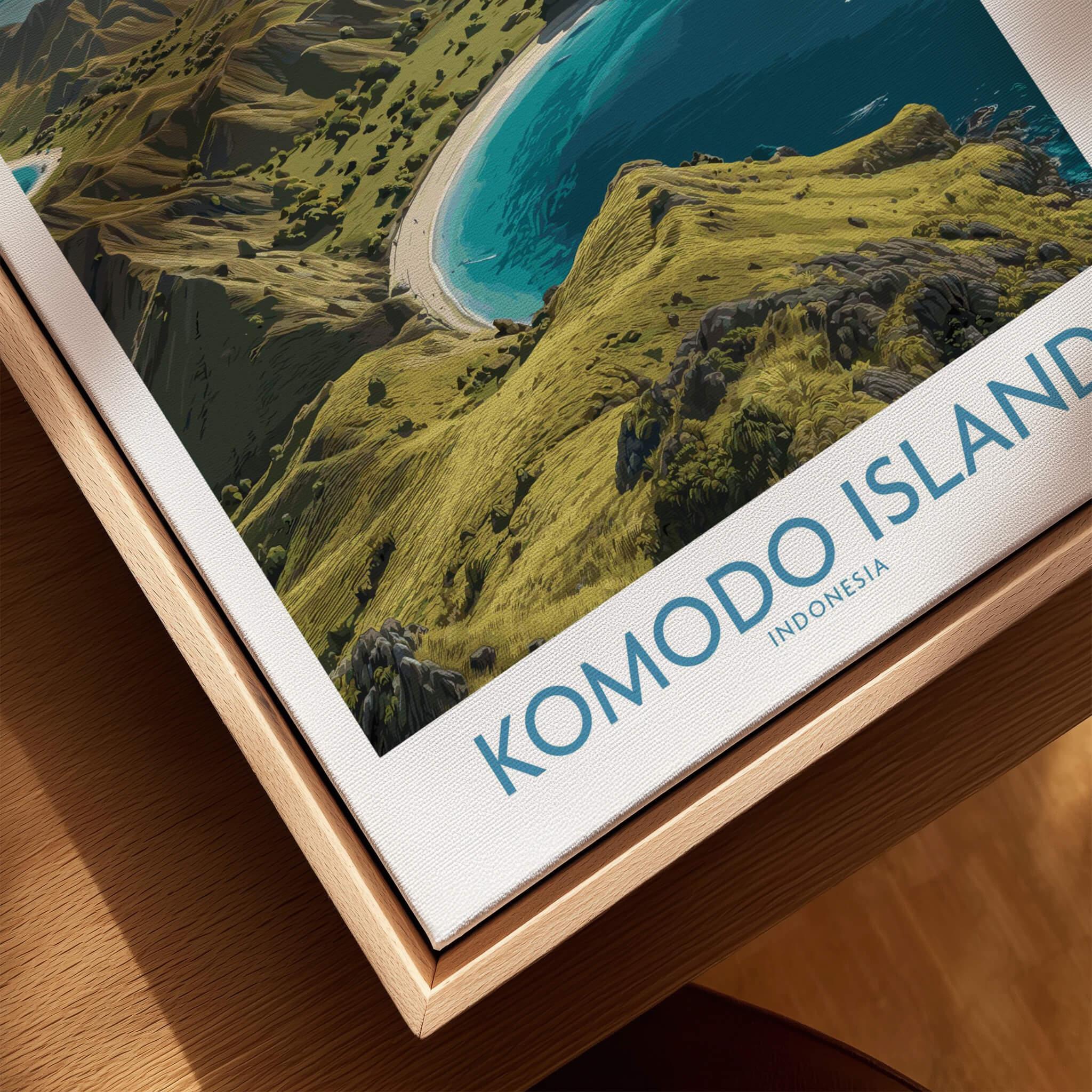 Closeup of Komodo Island travel poster with natural wood floating frame and coastal landscape art