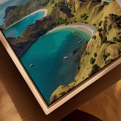Travel poster closeup with Komodo island coastline in natural wood floating frame