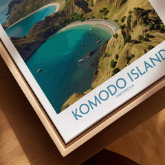 Close-up of framed Komodo Island travel poster with a coastal landscape print