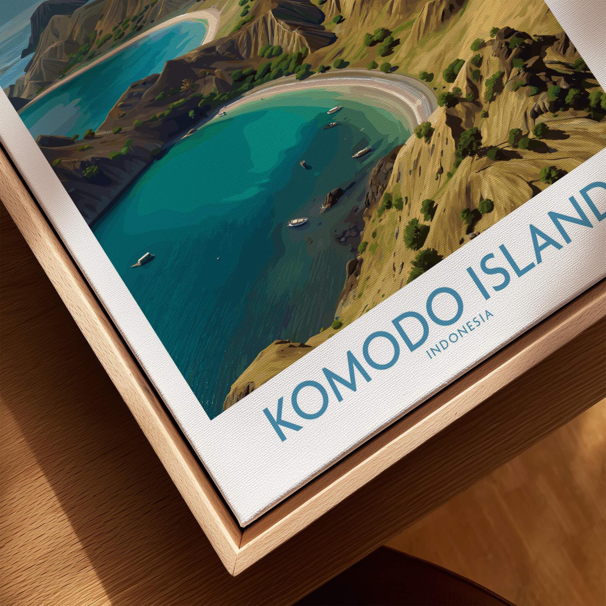 Close-up of framed Komodo Island travel poster with a coastal landscape print