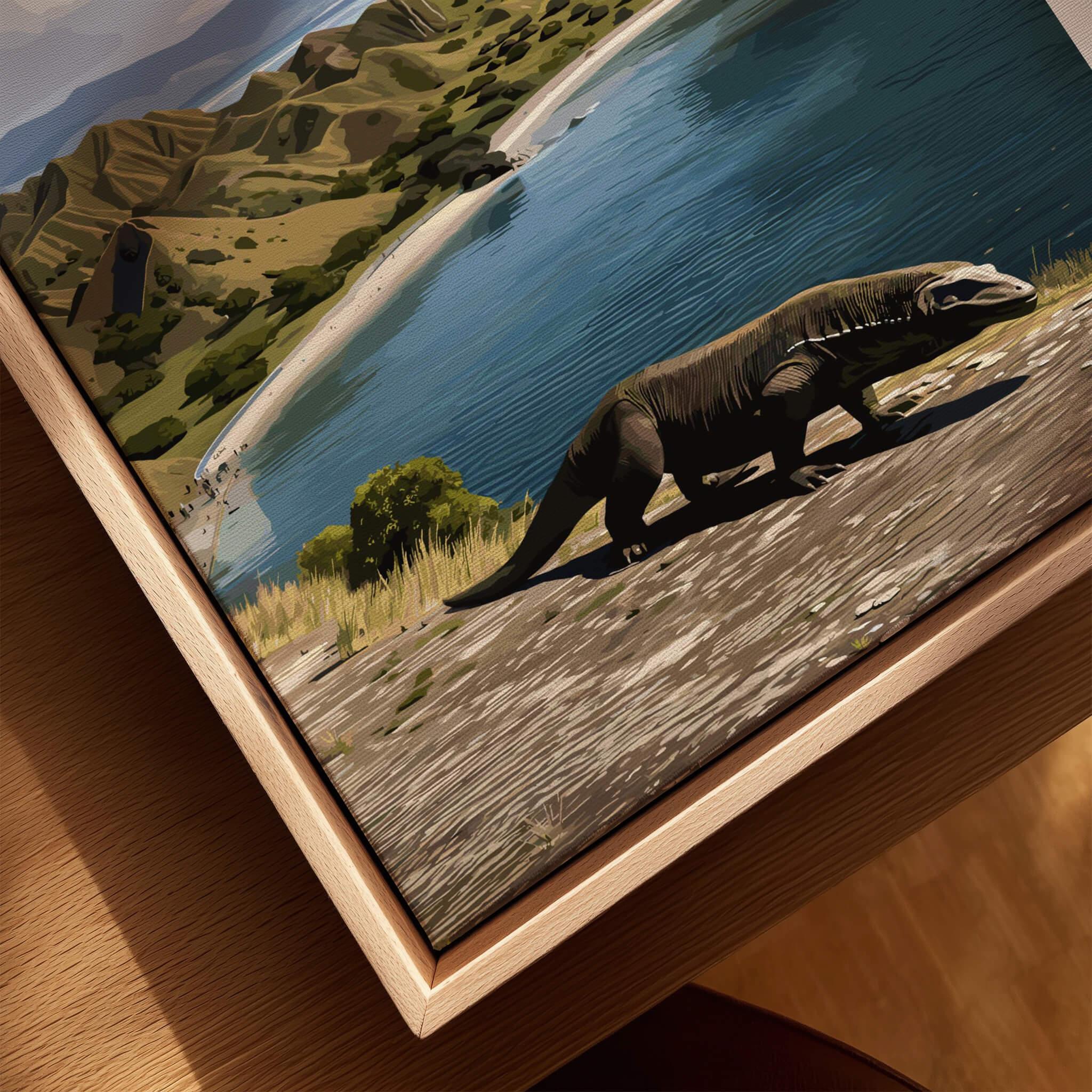 Closeup of framed canvas wall art featuring a Komodo dragon by a scenic shoreline view