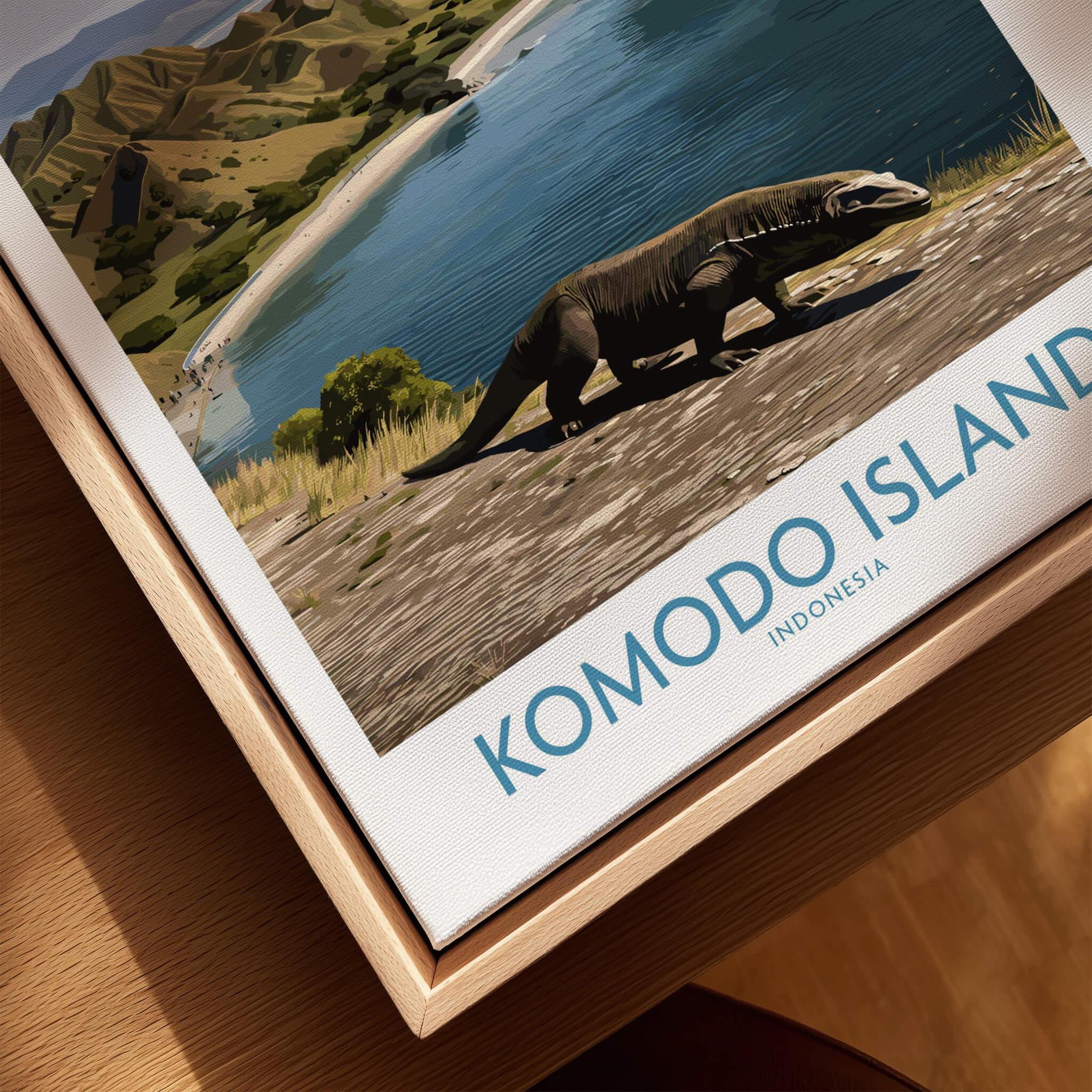 Framed Komodo Island travel poster with Komodo dragon and scenic coastline, closeup view
