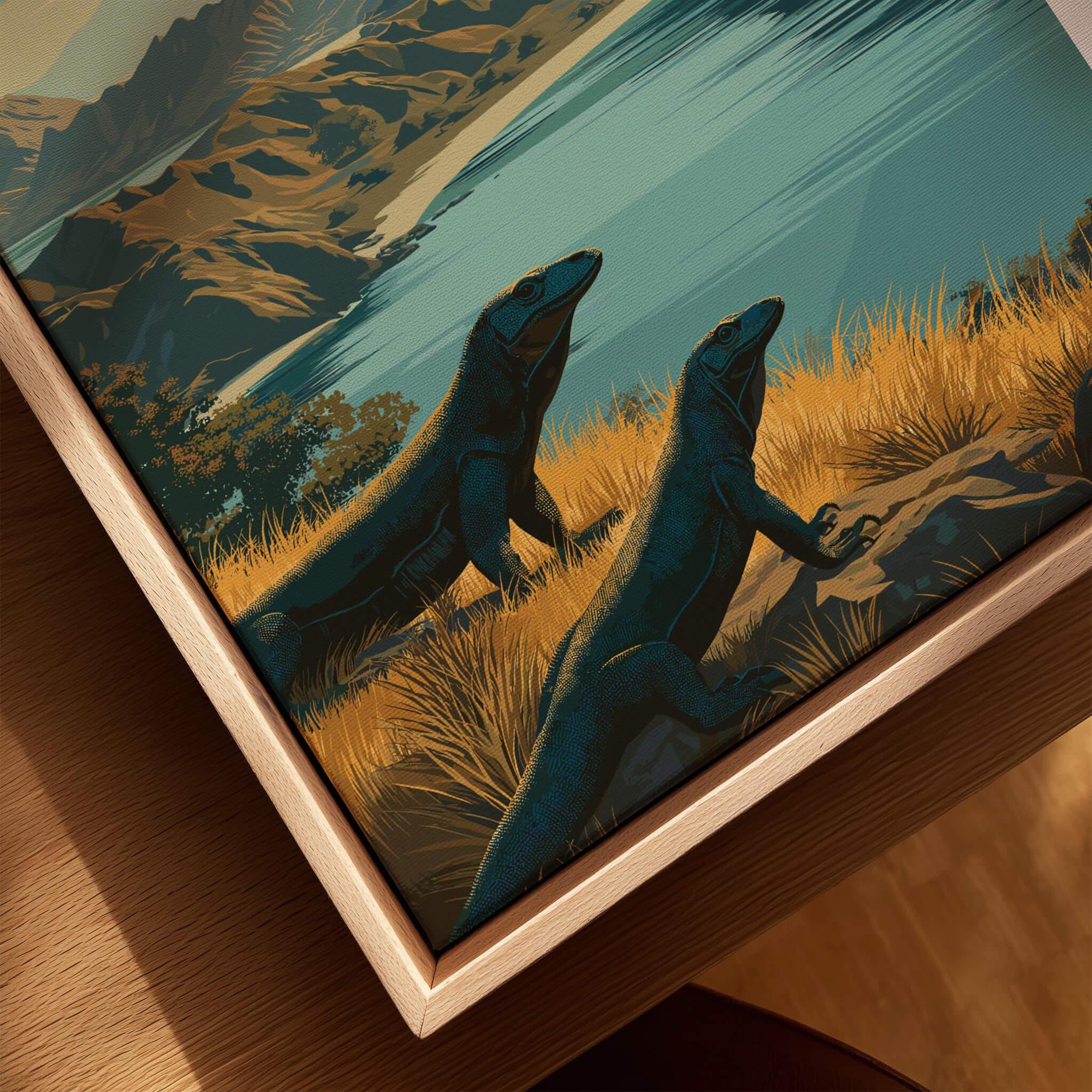 Closeup of framed canvas wall art featuring Komodo dragons by a lake in nature scene