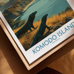 Closeup of Komodo Island Indonesia travel poster with Komodo dragons, framed in natural wood