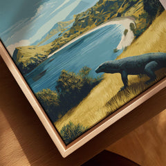 Travel art print of Komodo landscape with a Komodo dragon in a natural wood floating frame
