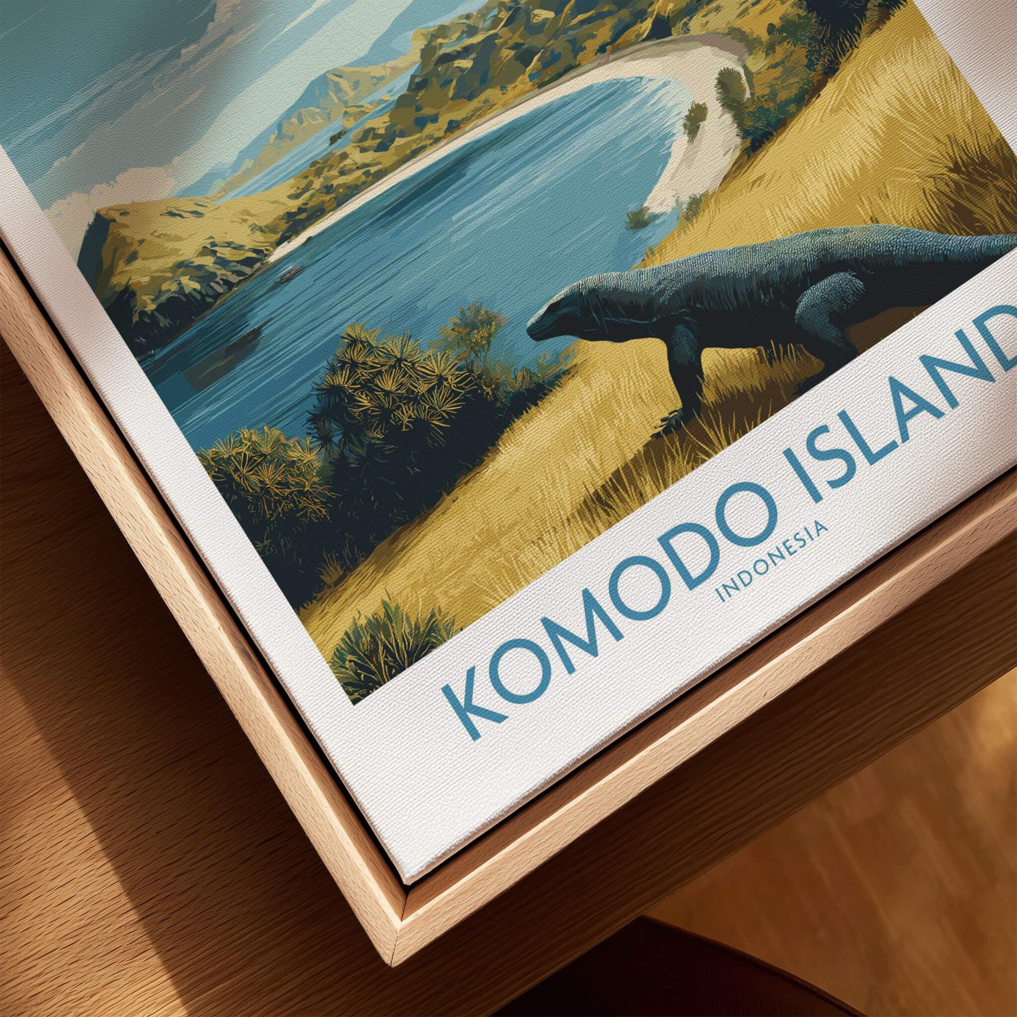 Framed canvas print of Komodo Island travel poster with Komodo dragon and coastal landscape