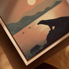 Close-up of framed travel poster with Komodo dragon silhouette at sunset by the water