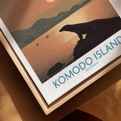 Komodo Island travel poster framed, showing a Komodo dragon silhouette at sunset