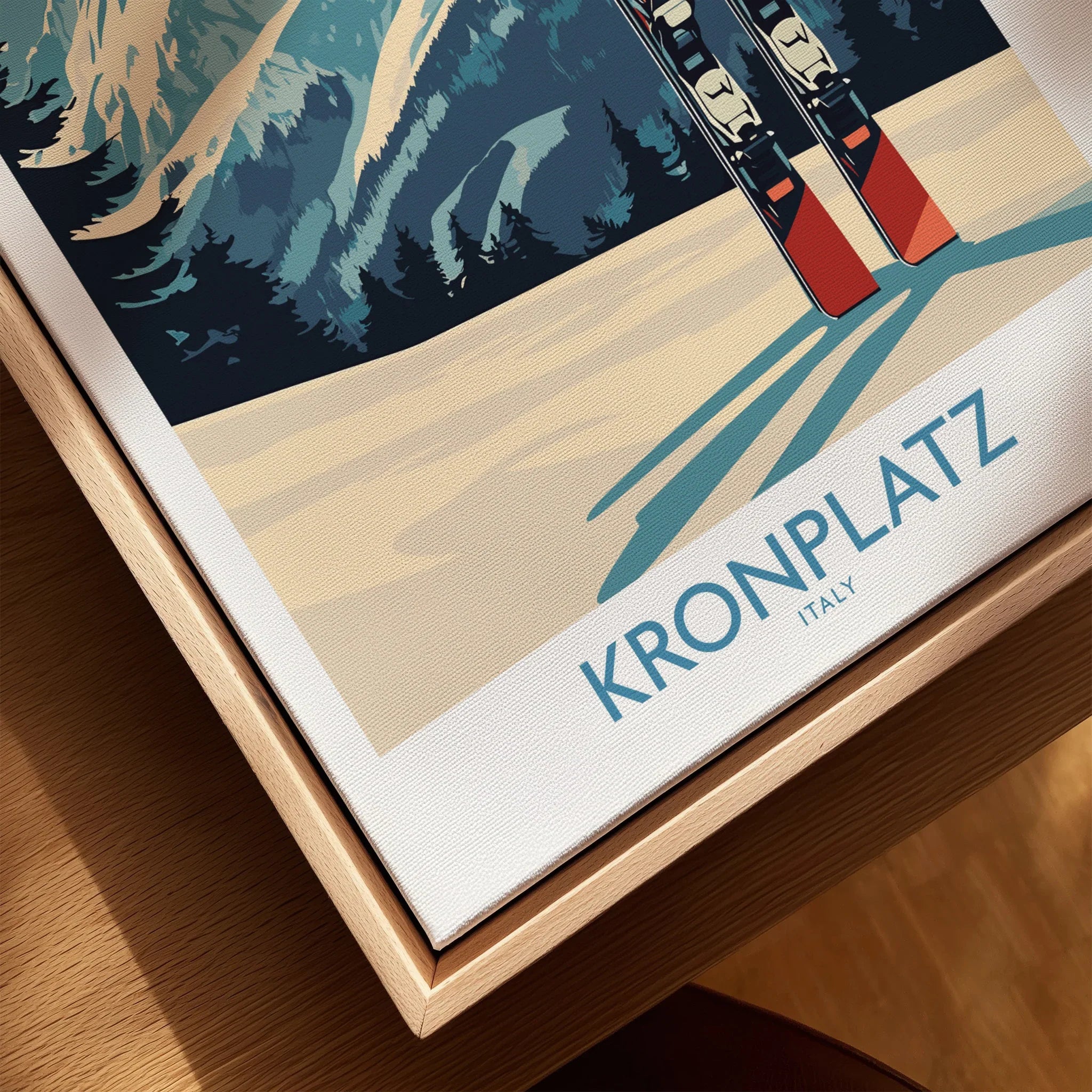 Close-up of Kronplatz Italy travel poster print in natural wood floating frame
