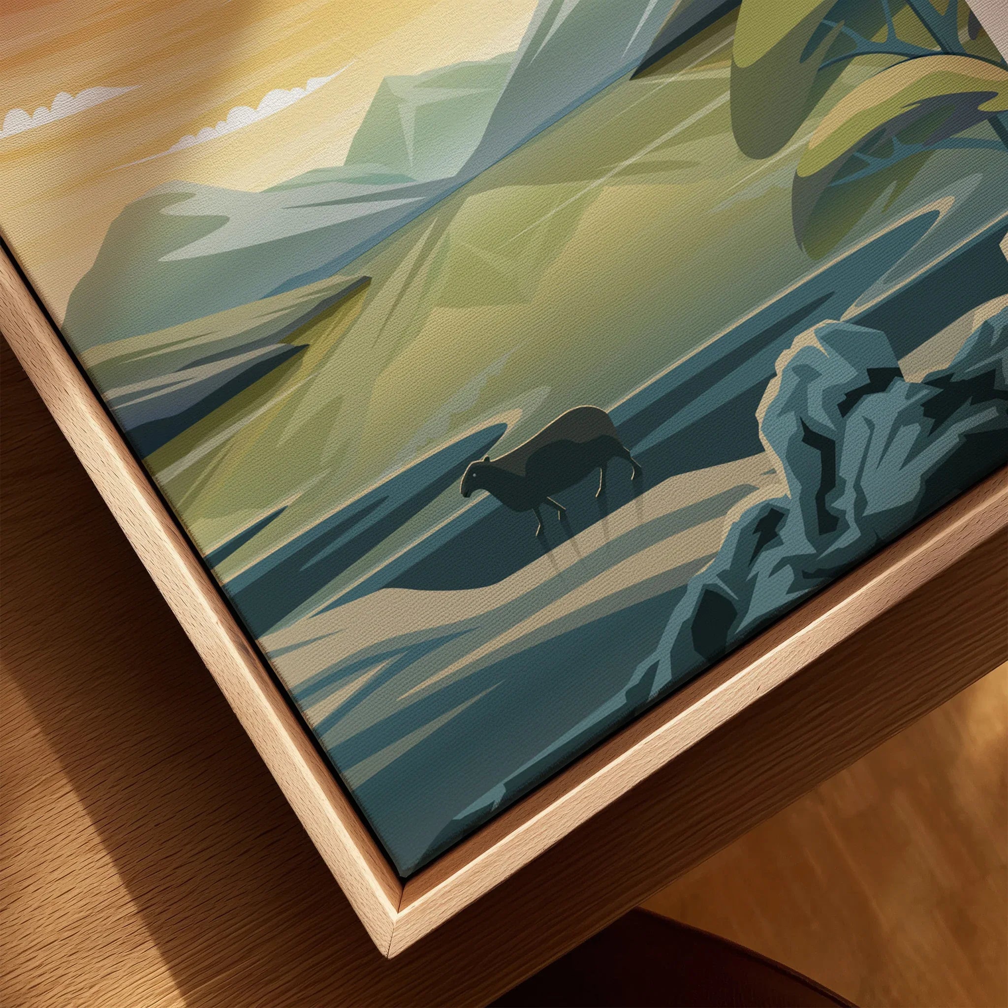 Framed canvas poster with illustrated lake district landscape, trees, and grazing animal.