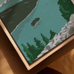 Closeup of Lake Tahoe canvas wall art in a natural wood floating frame with pine trees and lake illustration
