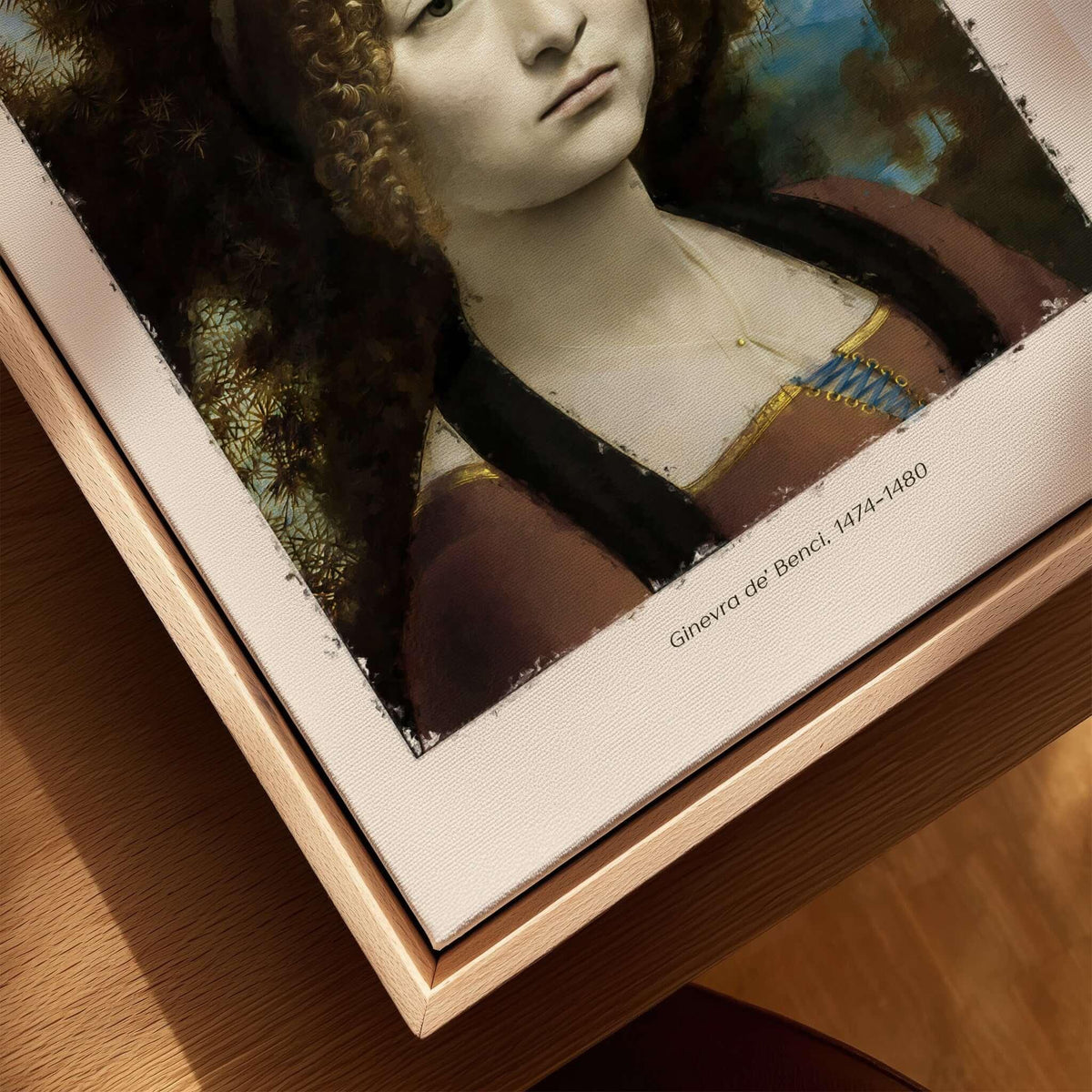 Leonardo da Vinci Art Print -  Ginevra de Benci c1474 Early Renaissance Portrait Art Print displayed on a wooden table.