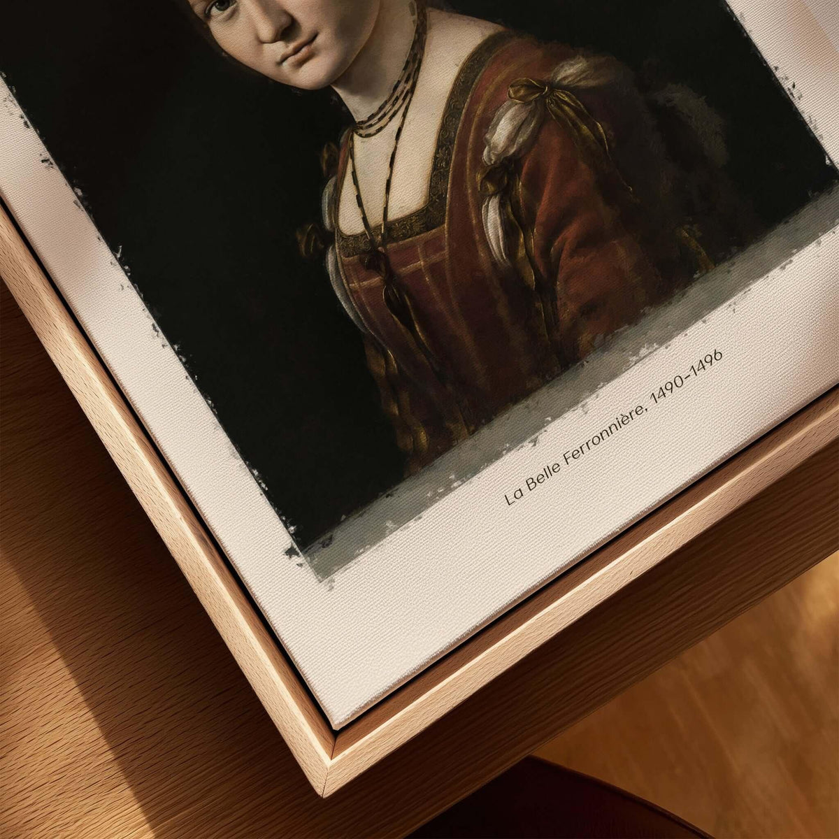 Leonardo da Vinci La Belle Ferronnière 1490s Renaissance Portrait Art Print displayed in a wooden frame.
