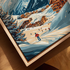 Framed canvas art of a snowy ski resort village with skiers and mountain landscape