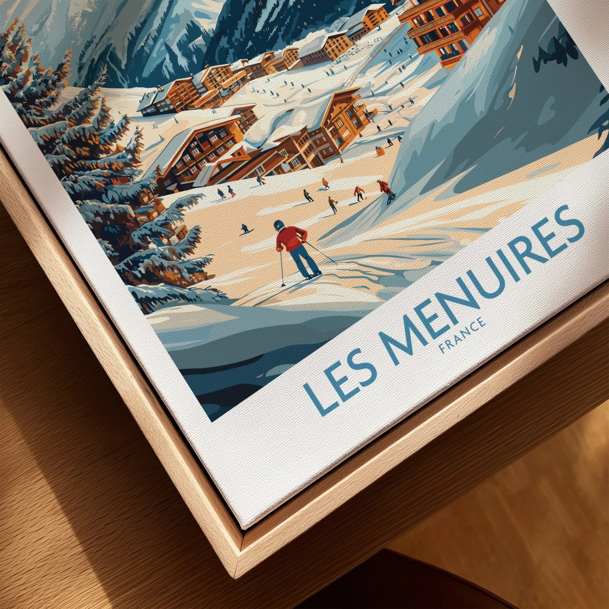 Framed travel poster print of Les Menuires ski resort with snowy mountains and chalets