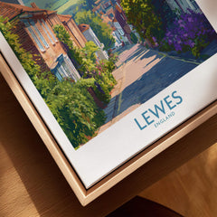 Lewes England travel poster close-up in natural wood floating frame, colorful street art print