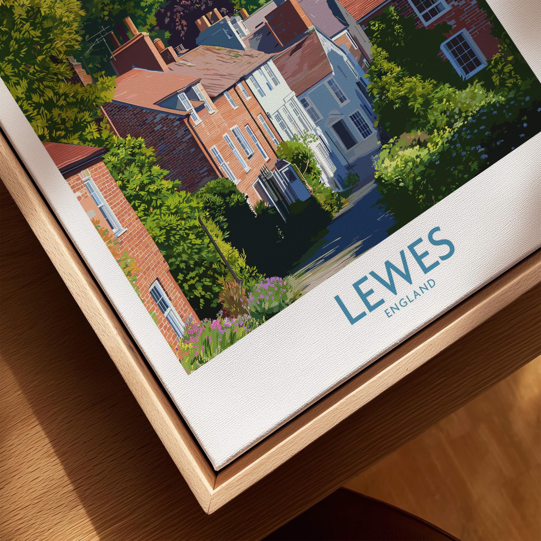 Lewes England travel poster canvas in natural wood floating frame, close-up view