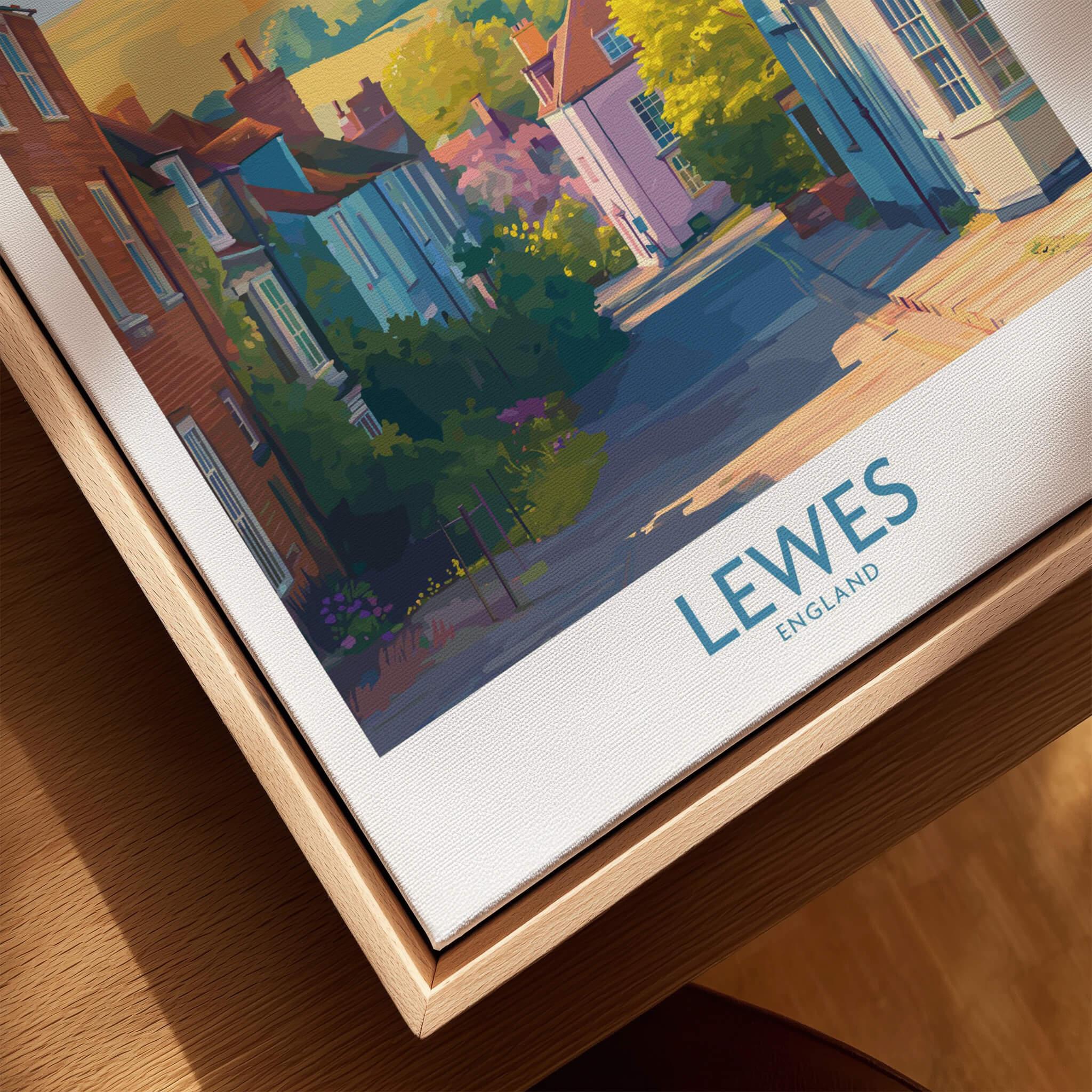 Lewes England travel poster close-up in natural wood floating frame, vibrant street art print