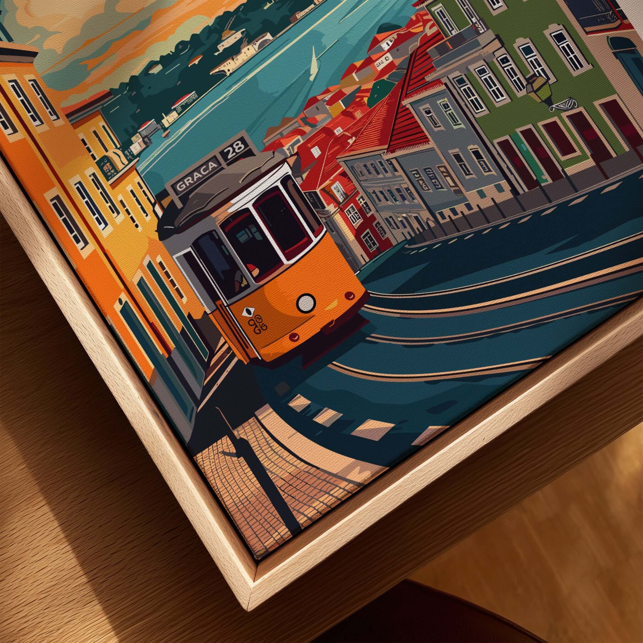 Lisbon Travel Print featuring the iconic tram 28 navigating vibrant streets of Lisbon.