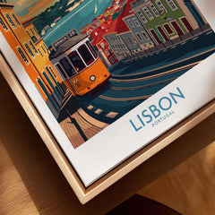 Lisbon Print - Portugal featuring the yellow 28 tram in a vibrant illustration of Lisbon's charming streets.