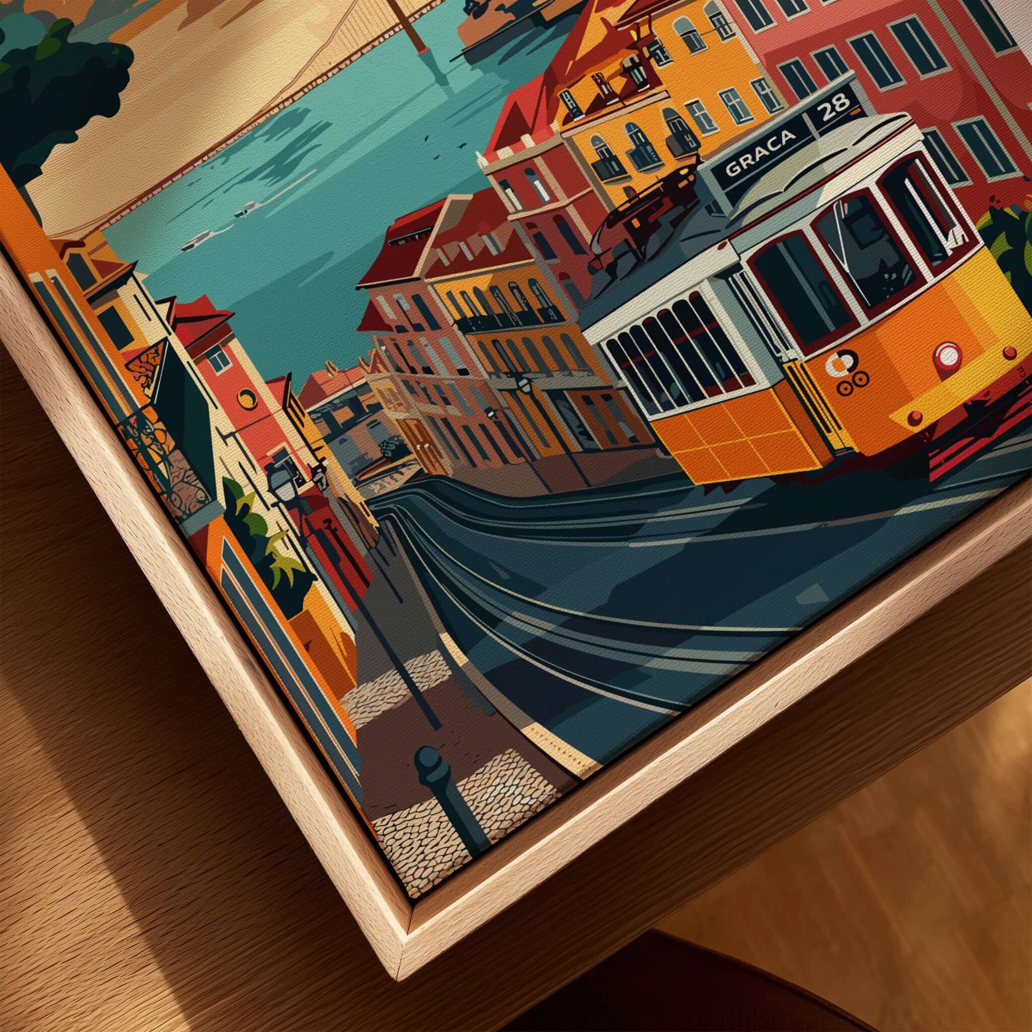 Lisbon Travel Poster featuring tram 28 in vibrant colors, adding wanderlust decor to your home.