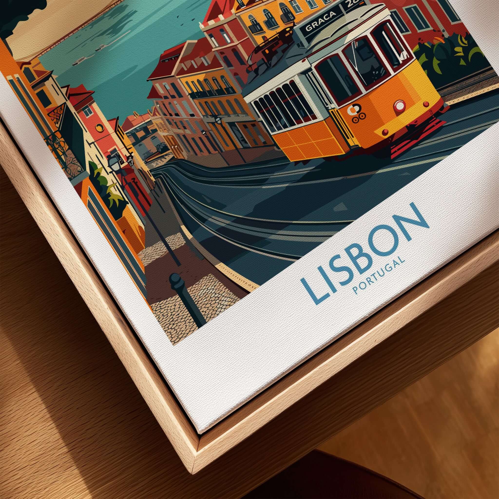Lisbon Poster - Portugal showcasing classic Tram 28 in vibrant colors, perfect for home or office decoration.