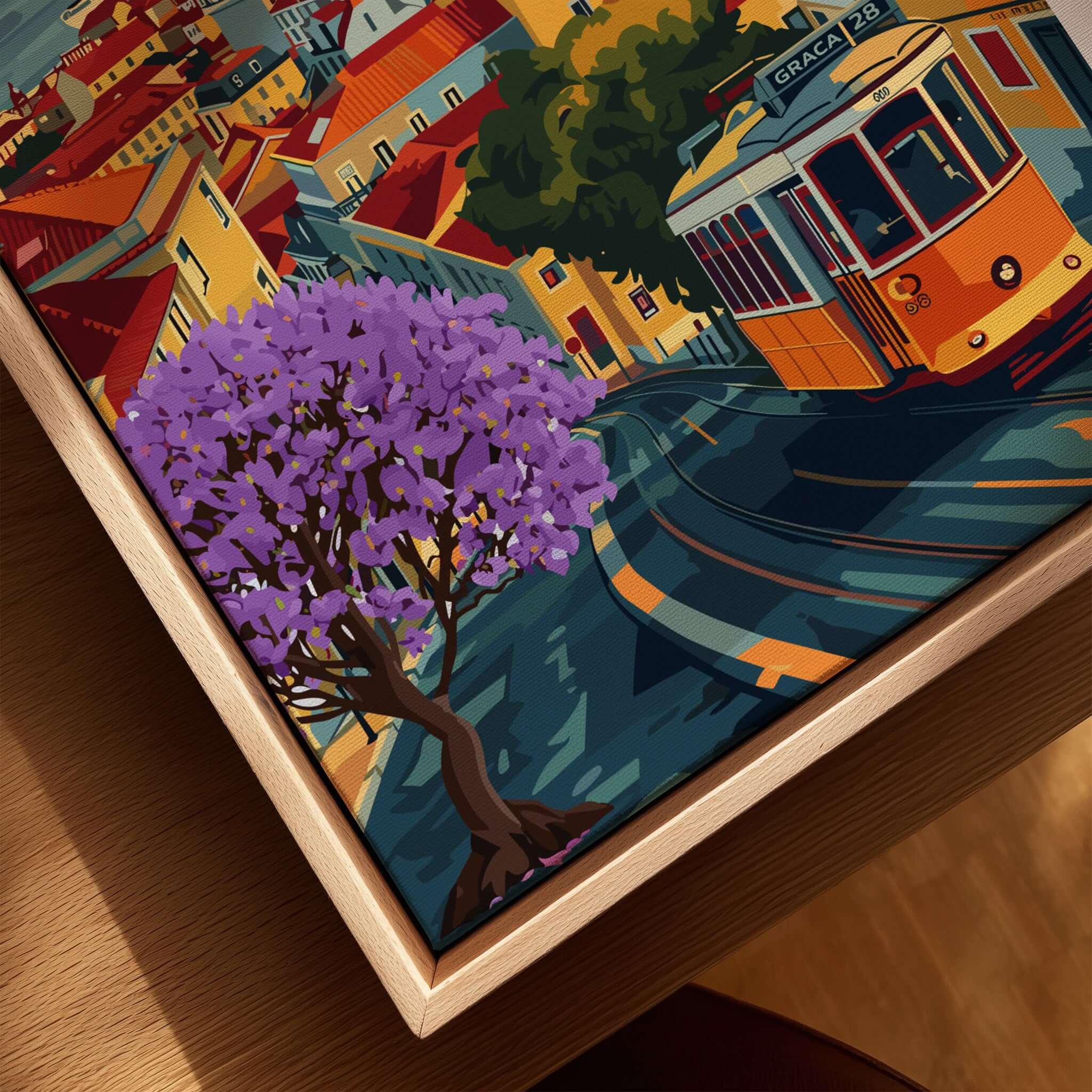 Lisbon Wall Art Poster featuring vibrant Jacaranda trees and iconic Tram 28, capturing the charm of Lisbon.