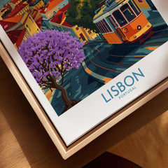 Lisbon Art Print featuring Jacaranda trees and tram 28, capturing the charm of Lisbon, Portugal.