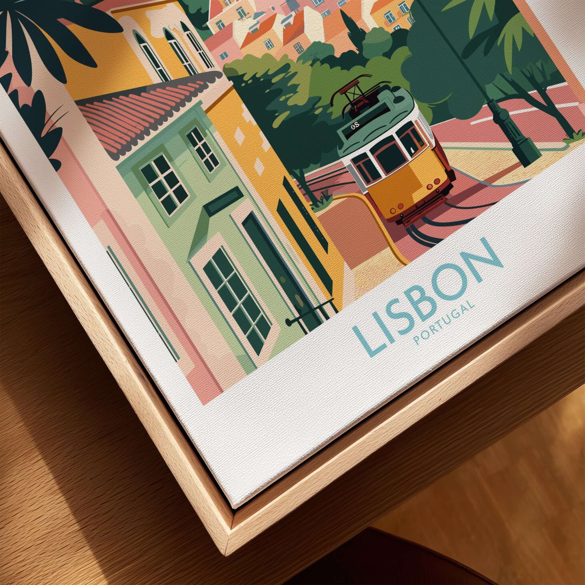 Lisbon Art Travel Print featuring vibrant pastel colors and iconic tram 28, capturing the charm of Lisbon, Portugal.