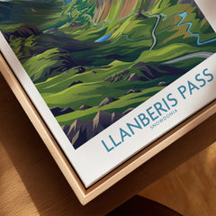 Close-up of framed Llanberis Pass Snowdonia travel poster on canvas with natural wood frame