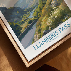 Close-up of framed canvas travel poster featuring Llanberis Pass landscape in Snowdonia.