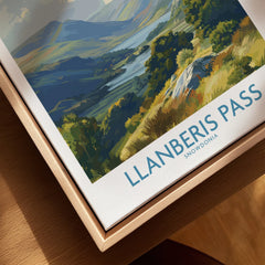 Closeup of framed canvas print featuring Llanberis Pass Snowdonia travel poster art