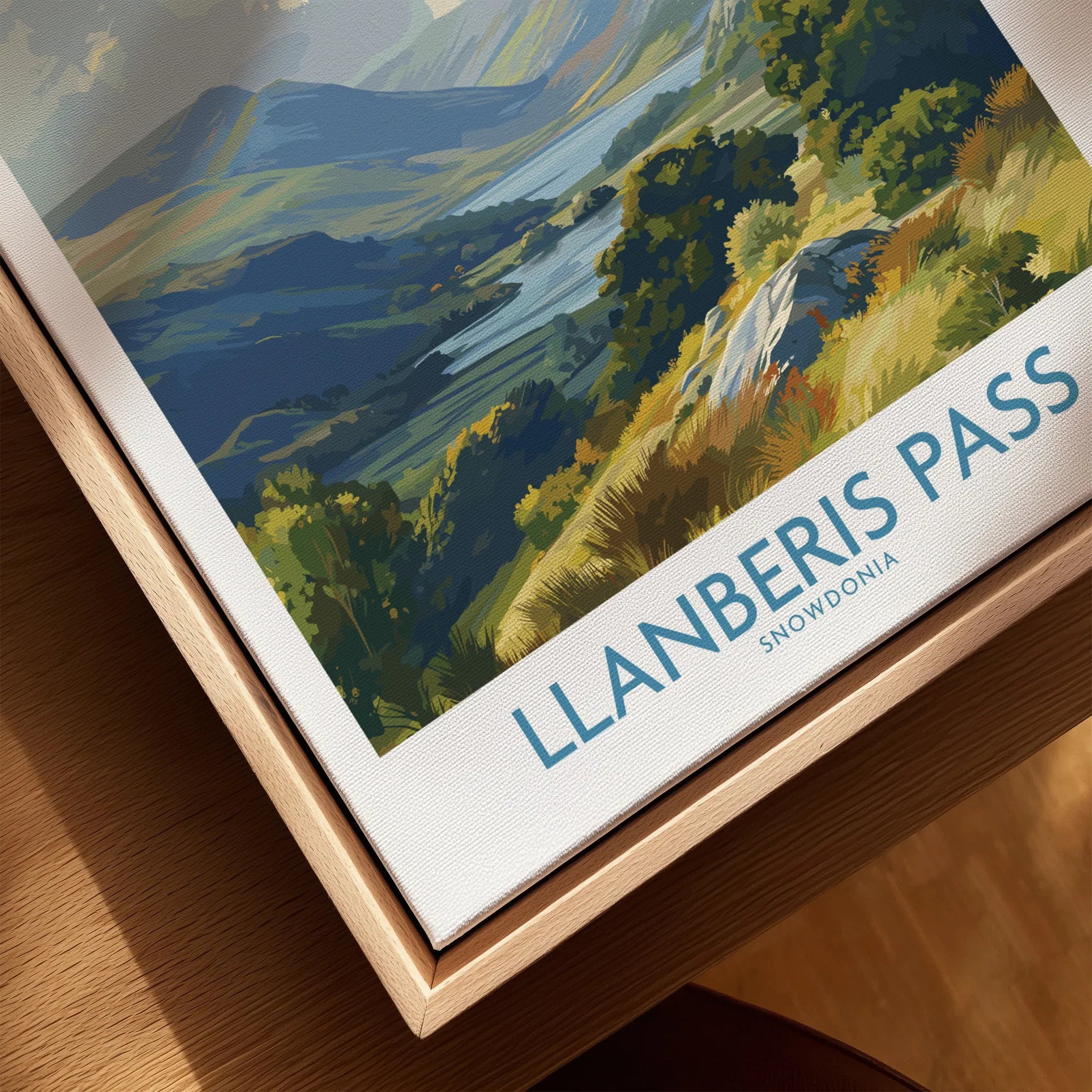 Closeup of framed canvas print featuring Llanberis Pass Snowdonia travel poster art