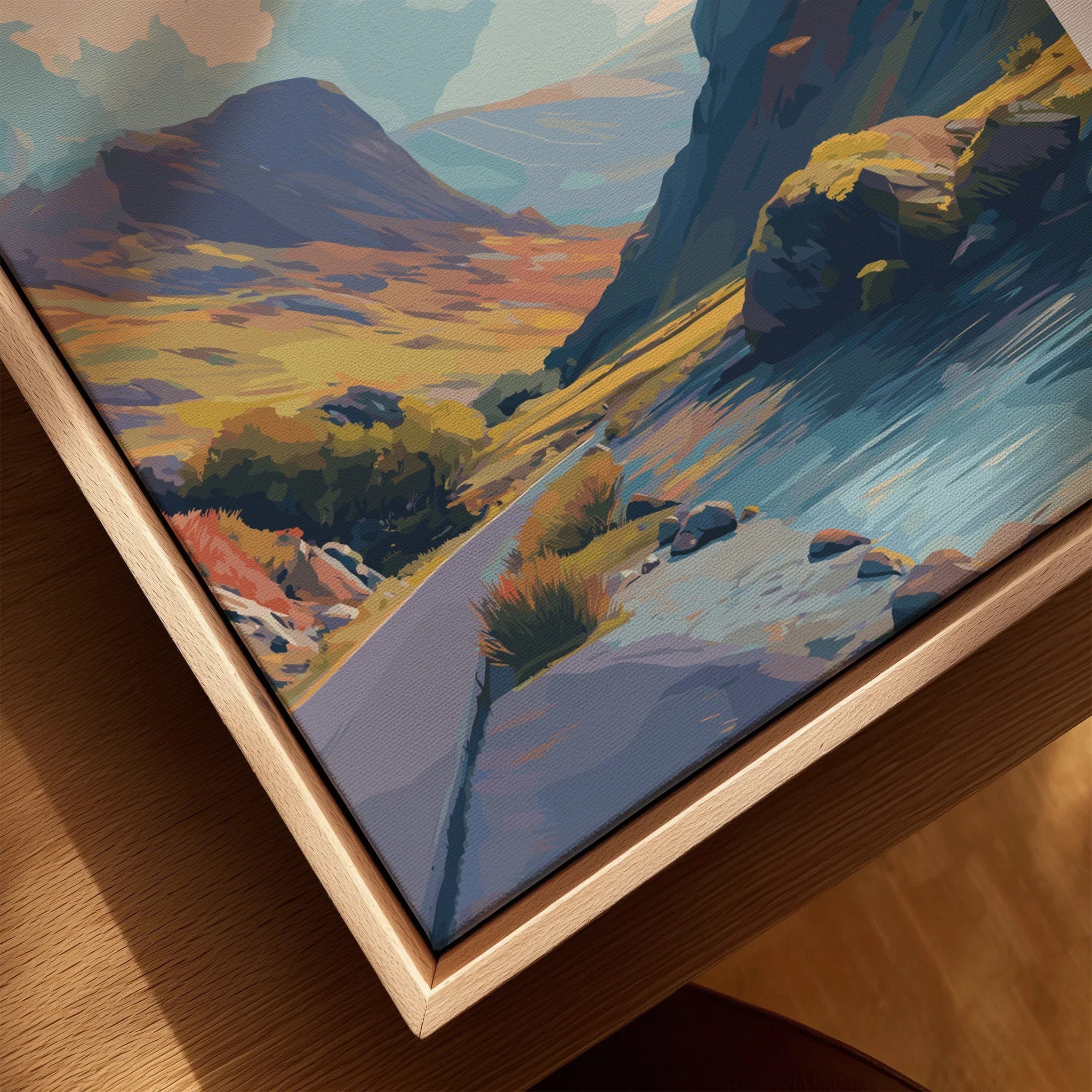 Closeup of mountain landscape art print in natural wood floating frame, colorful travel poster