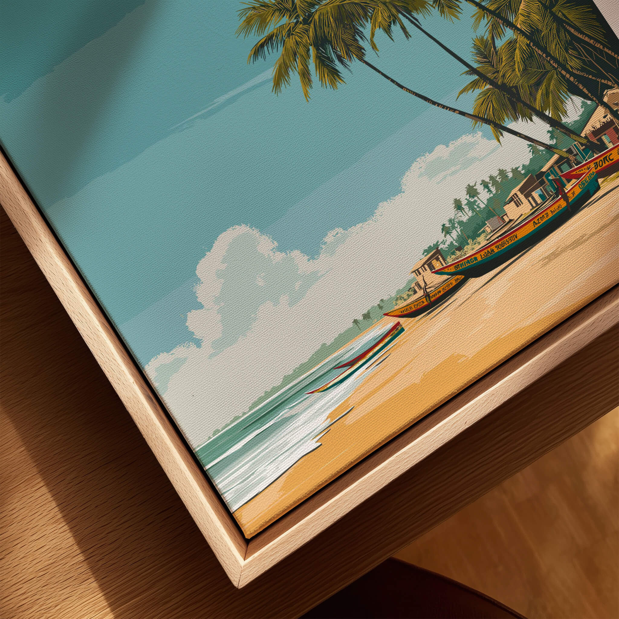 Lomé Togo Travel Posters | West African Beach & Palms Wall Art Print featuring vibrant beach scene with palm trees and boats.
