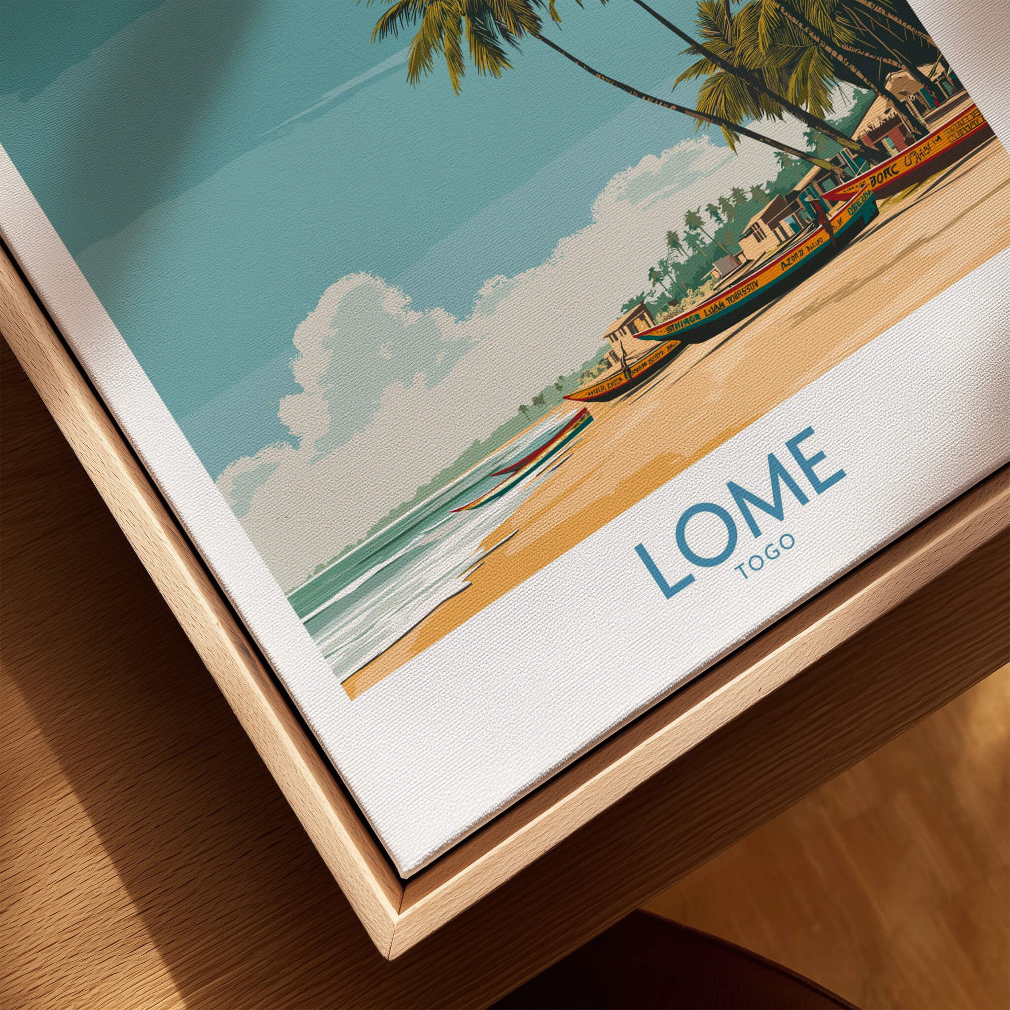 Lomé Togo Canvas Print | Tropical Coastal Village Scene Posters showcasing a vibrant beach and colorful fishing boats.