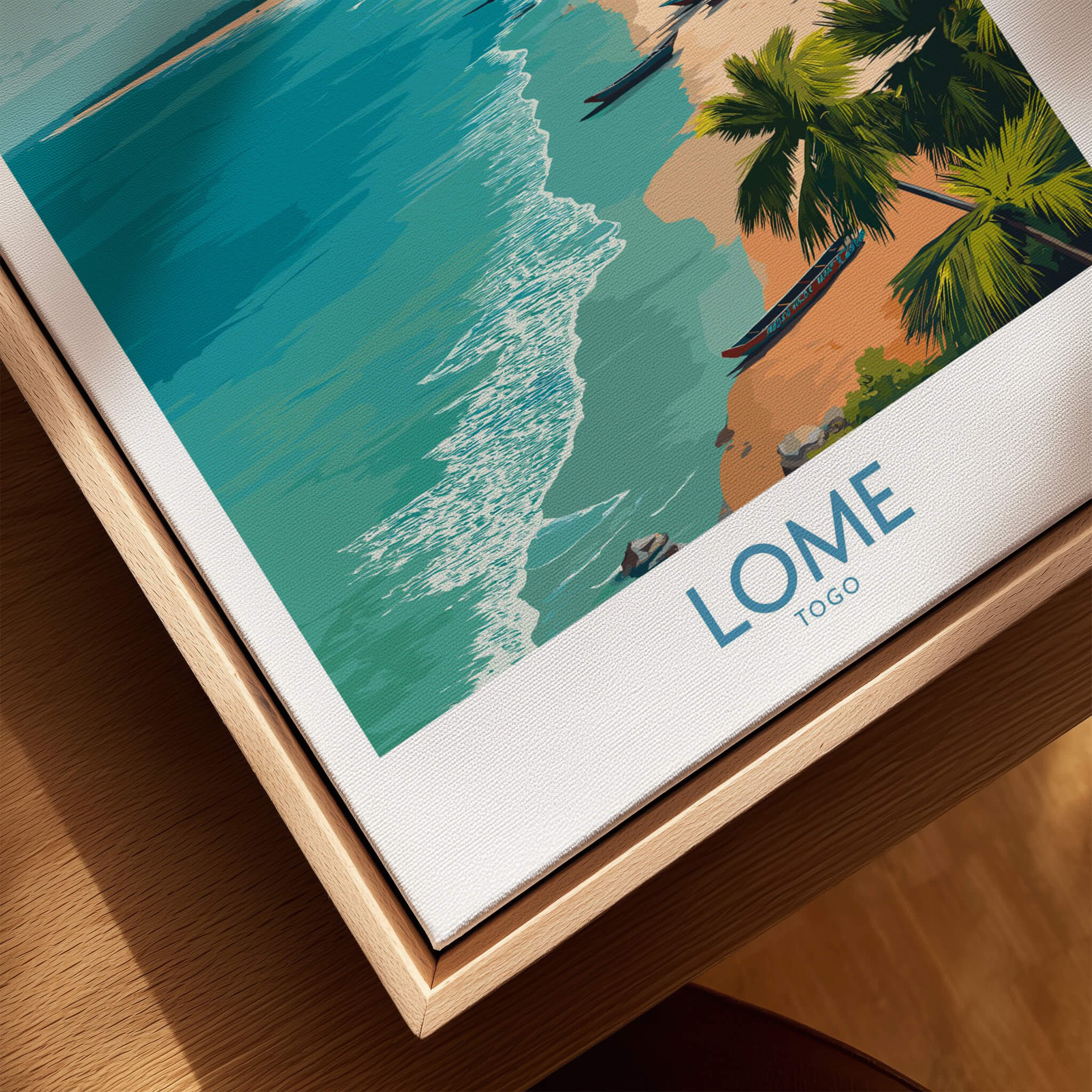 Lomé Togo Poster | West African Coastline Canvas Print showcasing vibrant beach scene and palm trees.