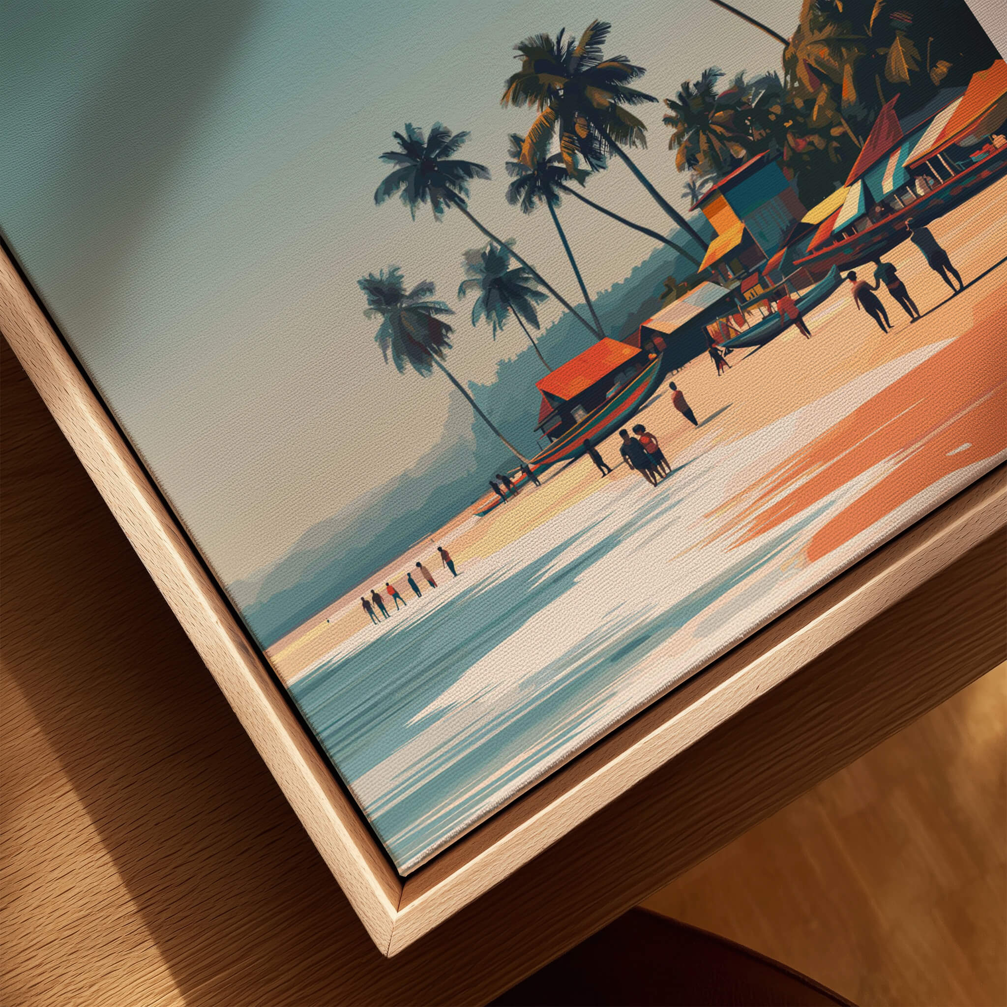 Lome Togo Poster Print Africa features vibrant beach scene with palm trees and colorful huts by the golden shores.