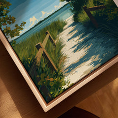Lovers Key Florida Wall Art Print | State Park Beach Travel Poster depicting a serene coastal landscape with grass and wooden fences.