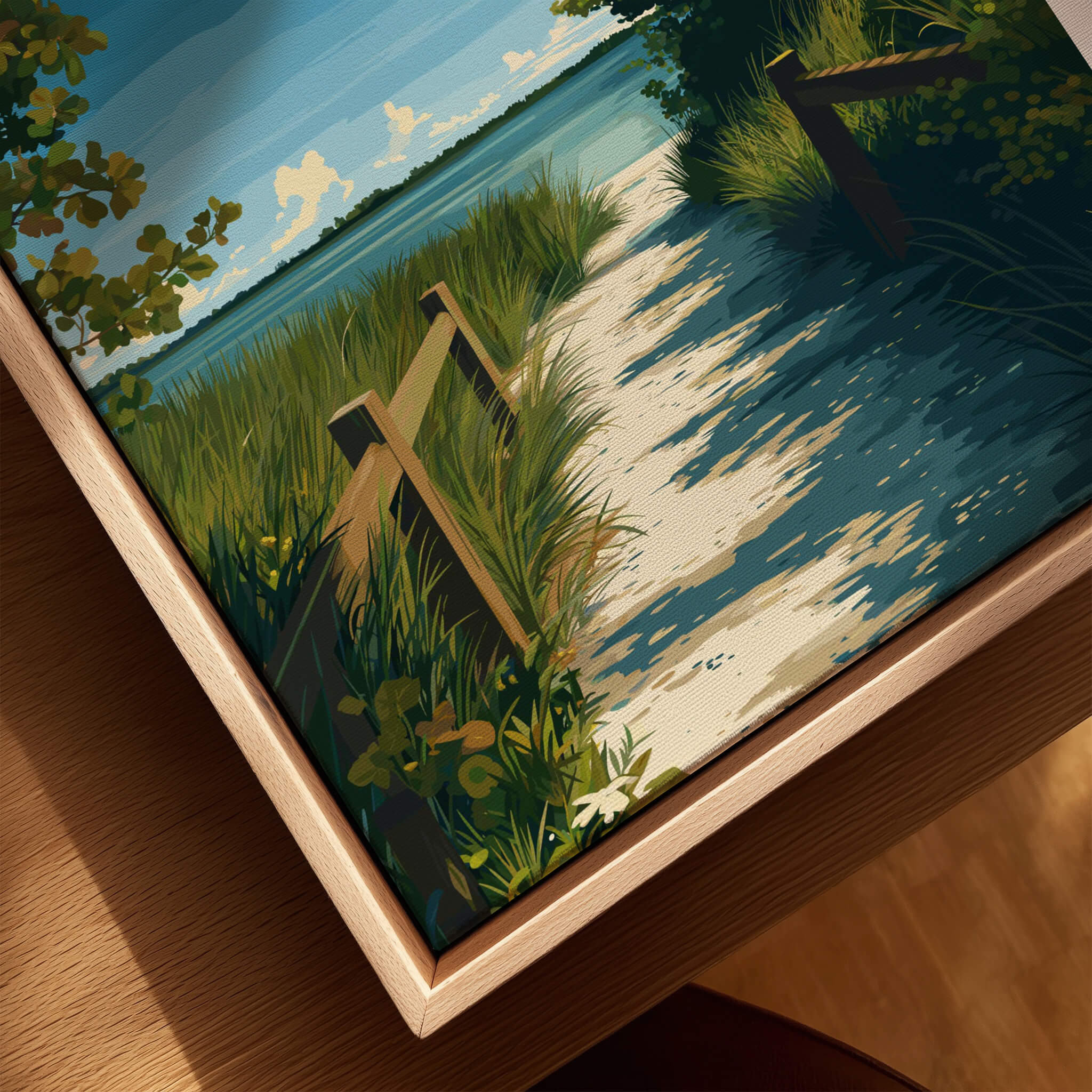 Lovers Key Florida Wall Art Print | State Park Beach Travel Poster depicting a serene coastal landscape with grass and wooden fences.
