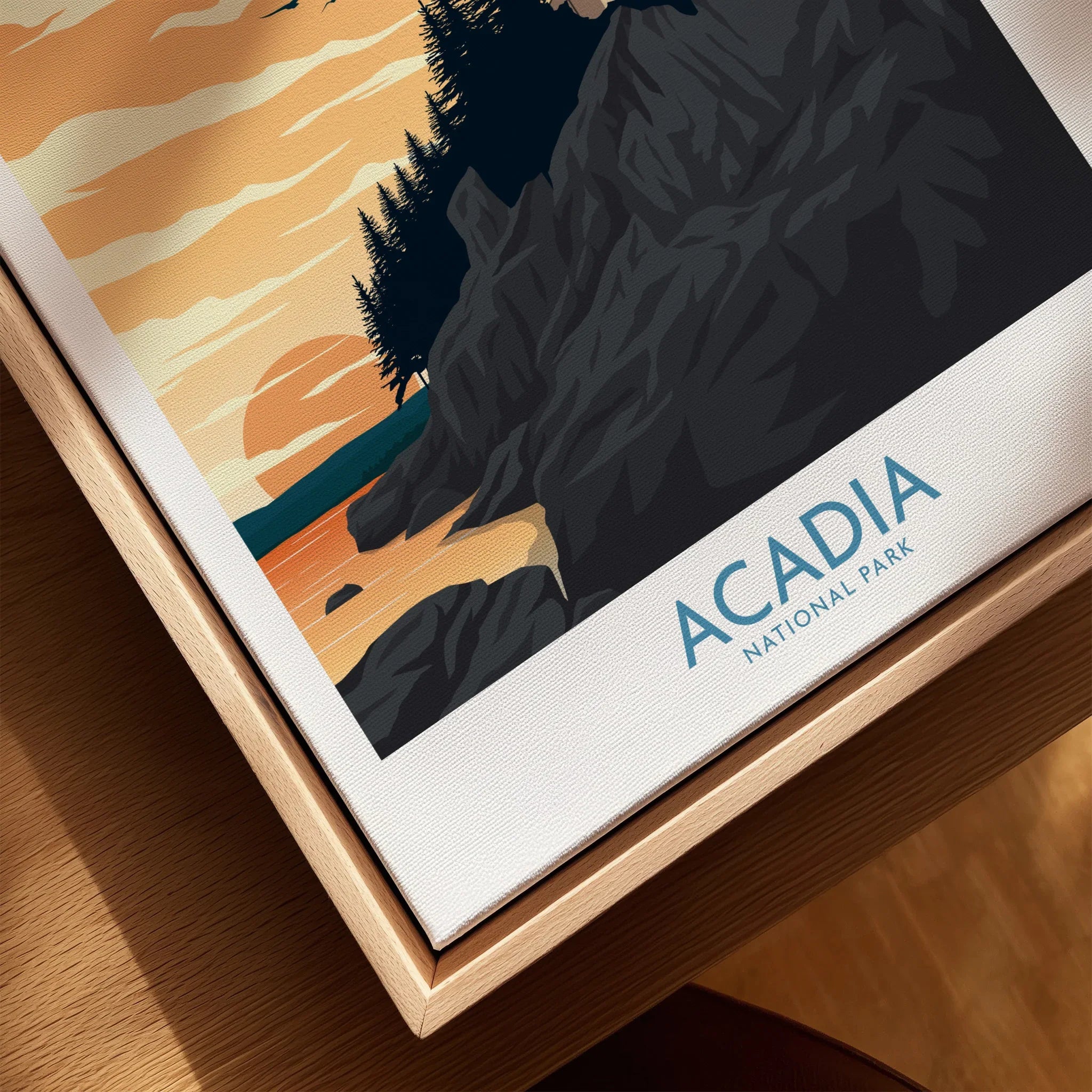 Closeup of Acadia National Park canvas art in natural wood floating frame