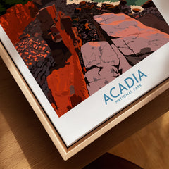 Closeup of Acadia National Park travel poster in natural wood floating canvas frame
