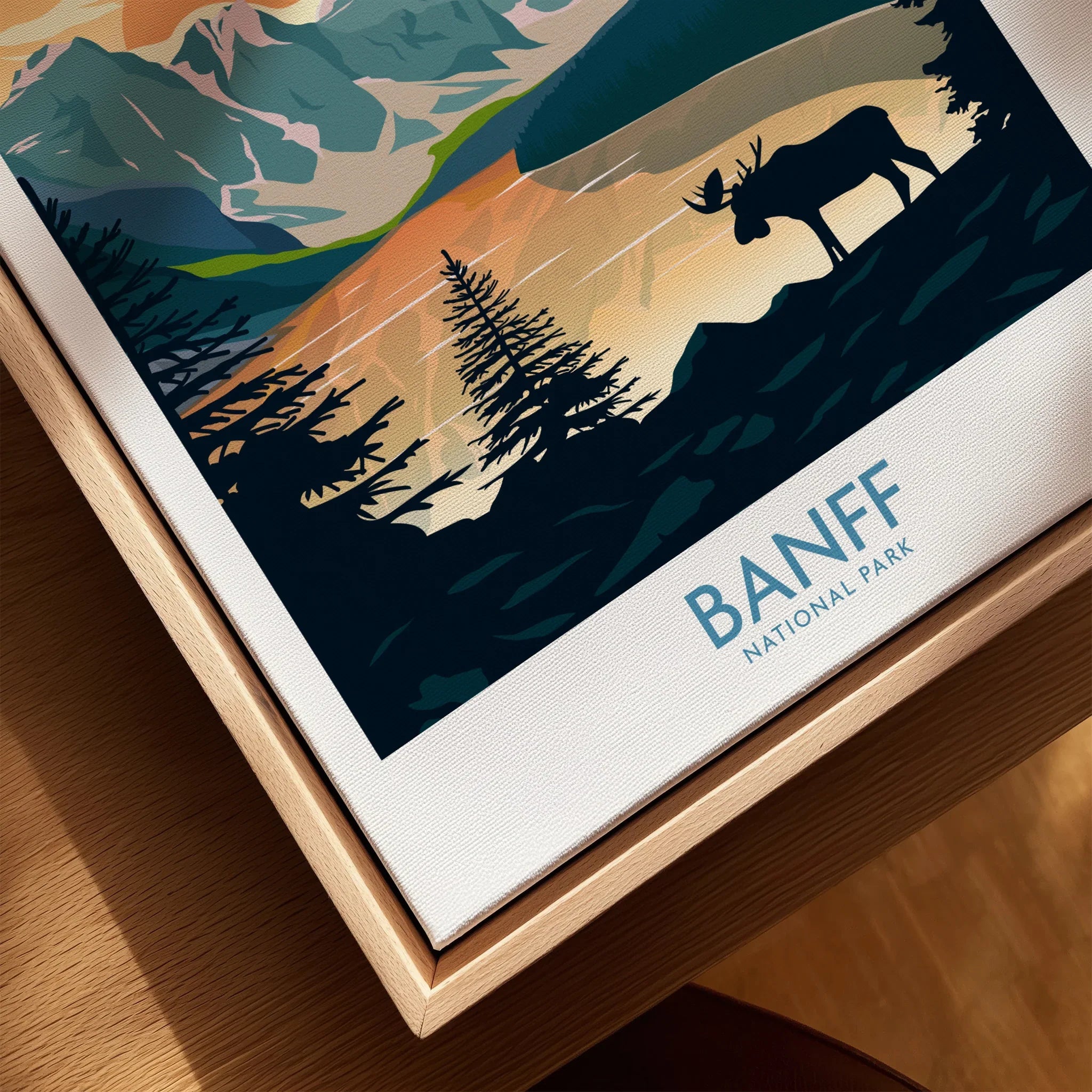 Banff National Park art print with moose and mountains in natural wood floating frame