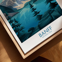 Closeup of Banff National Park art print with natural wood floating frame