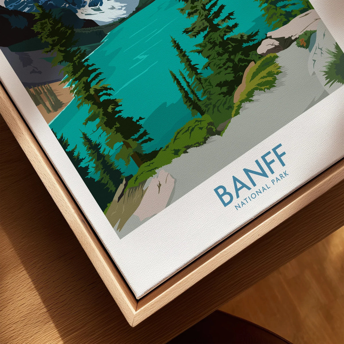 Close-up of Banff National Park canvas art in natural wood floating frame